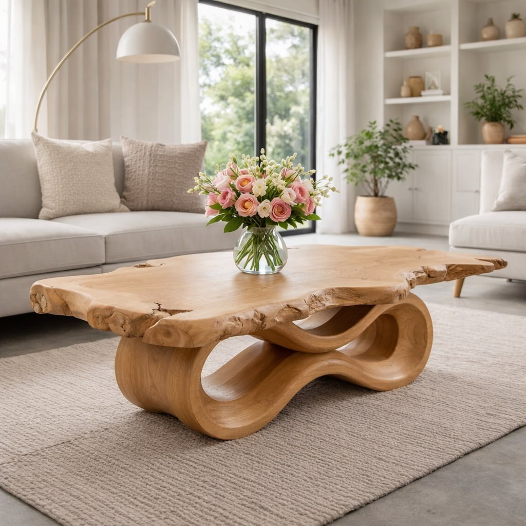 Solid Wood Live Edge Coffee Table with Sculptural Wave Base and Organic Design - view 4 of 9