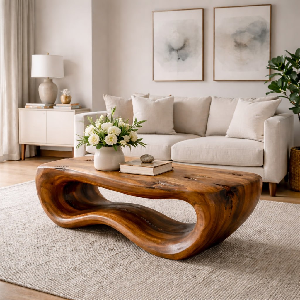 Solid Wood Coffee Table with Sculptural Wave Base and Organic Hand-Carved Design - view 1 of 9