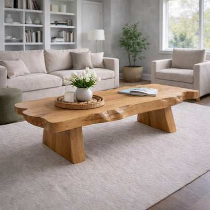 Solid Wood Live Edge Coffee Table with Rustic Slab Top and Thick Block Legs - view 4 of 9