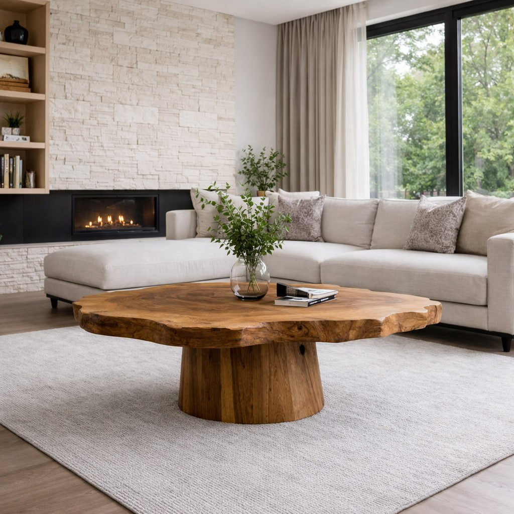 Solid Wood Live Edge Coffee Table with Round Pedestal Base and Natural Grain - view 1 of 9