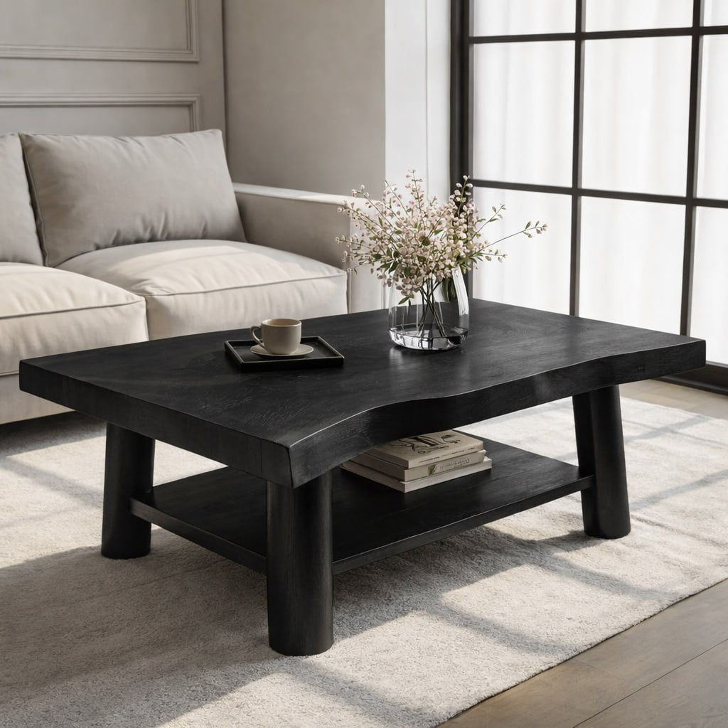 Solid Wood Coffee Table with Lower Shelf and Curved Edge Top Design - view 5 of 9