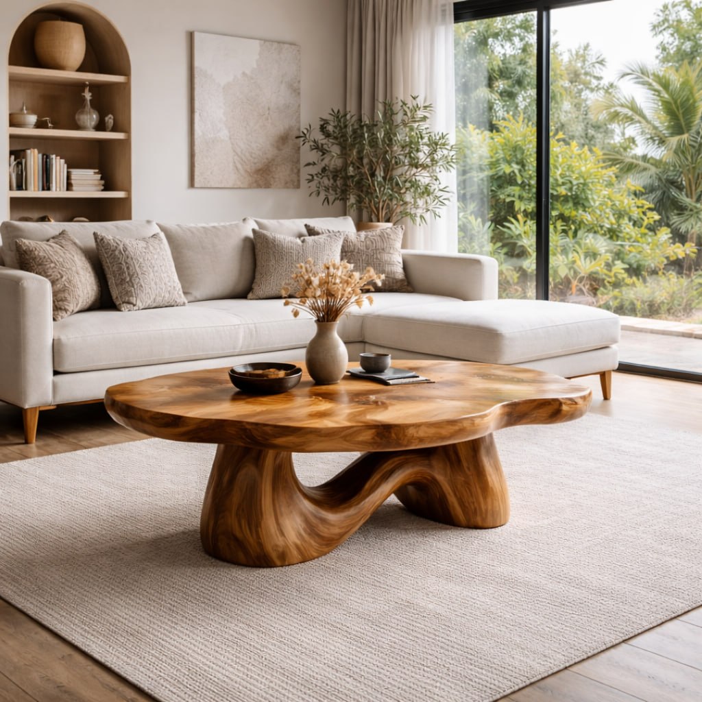 Solid Wood Coffee Table with Sculptural Wave Base and Organic Curved Design - view 3 of 9