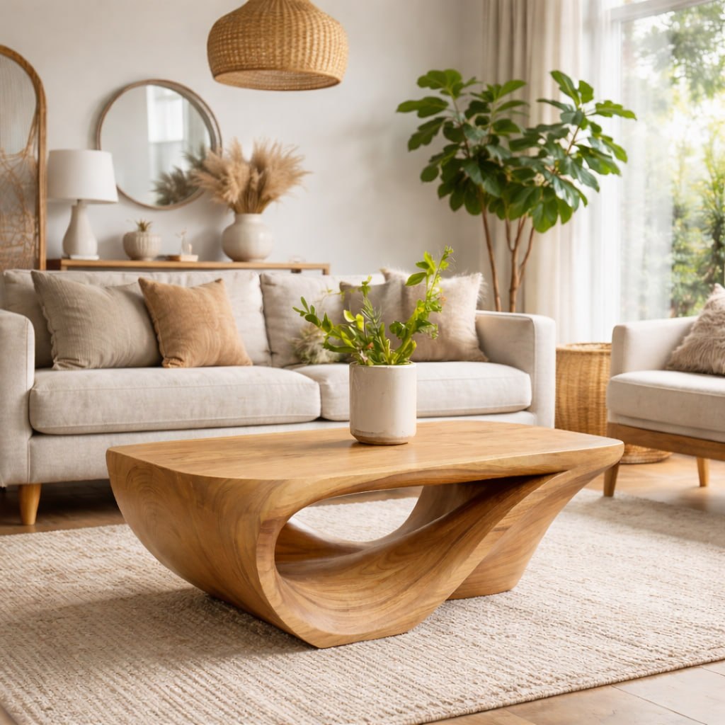 Solid Wood Coffee Table with Sculptural Organic Base and Hand-Carved Curved Design - view 4 of 9