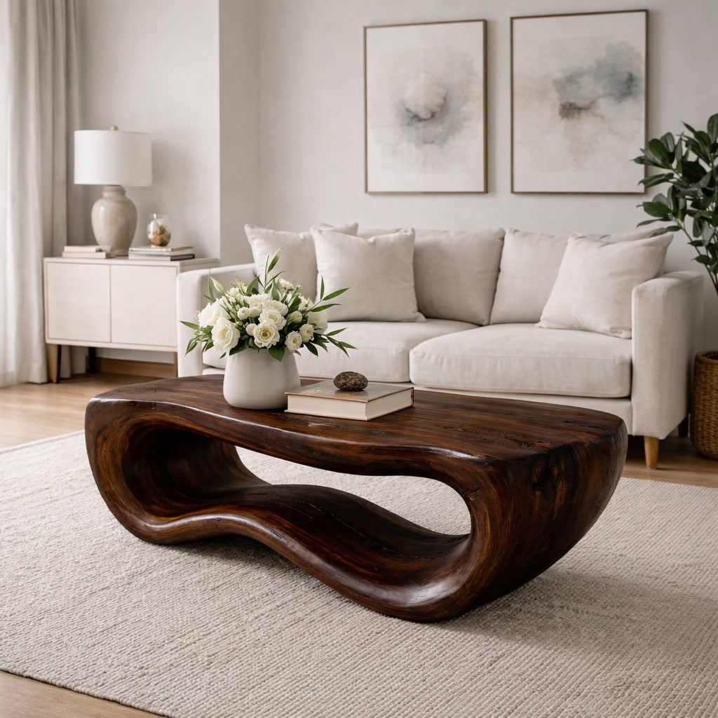 Solid Wood Coffee Table with Sculptural Wave Base and Organic Hand-Carved Design - view 3 of 9