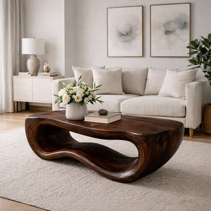 Solid Wood Coffee Table with Sculptural Wave Base and Organic Hand-Carved Design - view 3 of 9