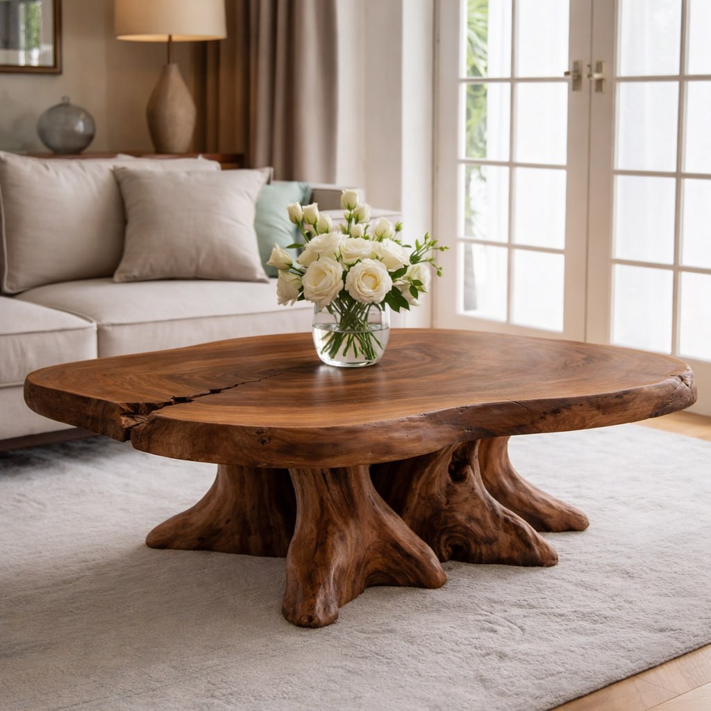Solid Wood Live Edge Coffee Table with Tree Root Base and Natural Rustic Design - view 1 of 9