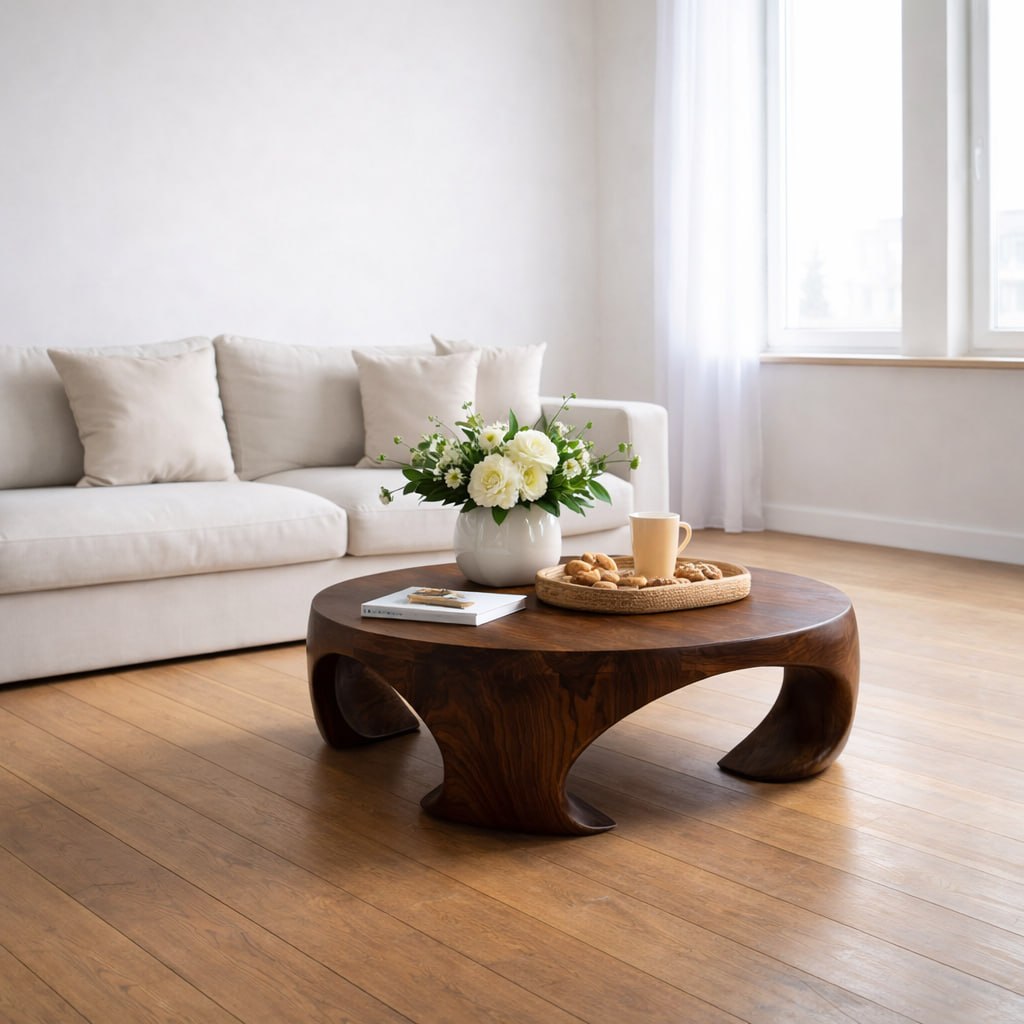 Solid Wood Round Coffee Table with Sculptural Curved Base and Organic Design - view 3 of 9