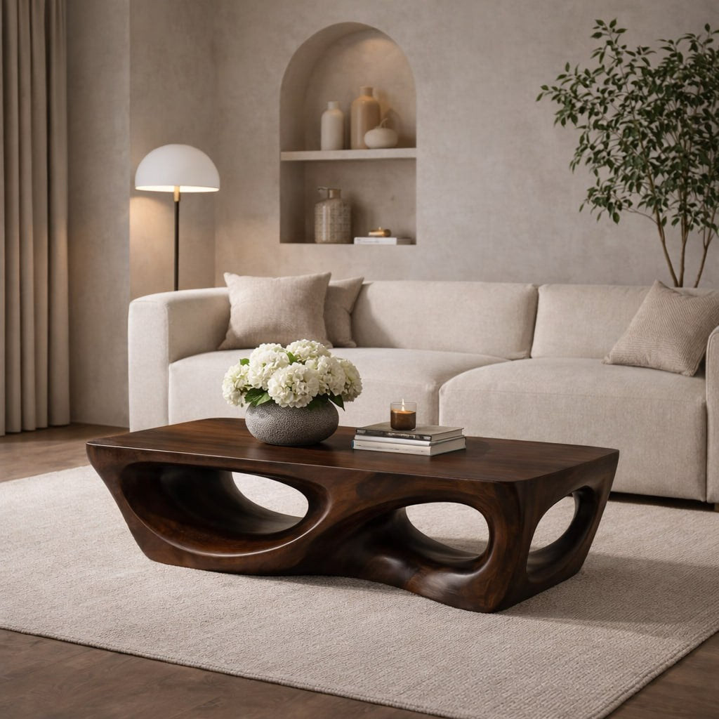 Solid Wood Coffee Table with Sculptural Hollow Base and Organic Curved Design - view 4 of 9