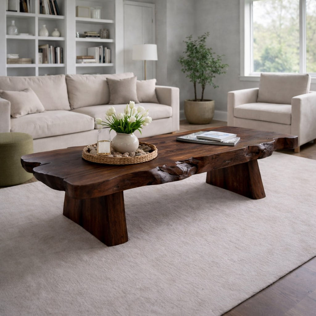 Solid Wood Live Edge Coffee Table with Rustic Slab Top and Thick Block Legs - view 3 of 9