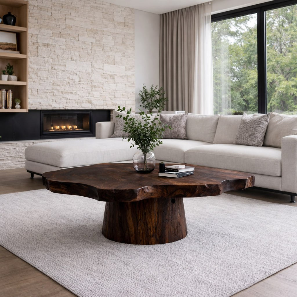 Solid Wood Live Edge Coffee Table with Round Pedestal Base and Natural Grain - view 3 of 9