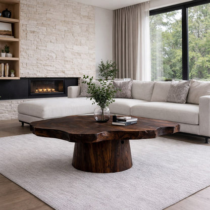 Solid Wood Live Edge Coffee Table with Round Pedestal Base and Natural Grain - view 3 of 9