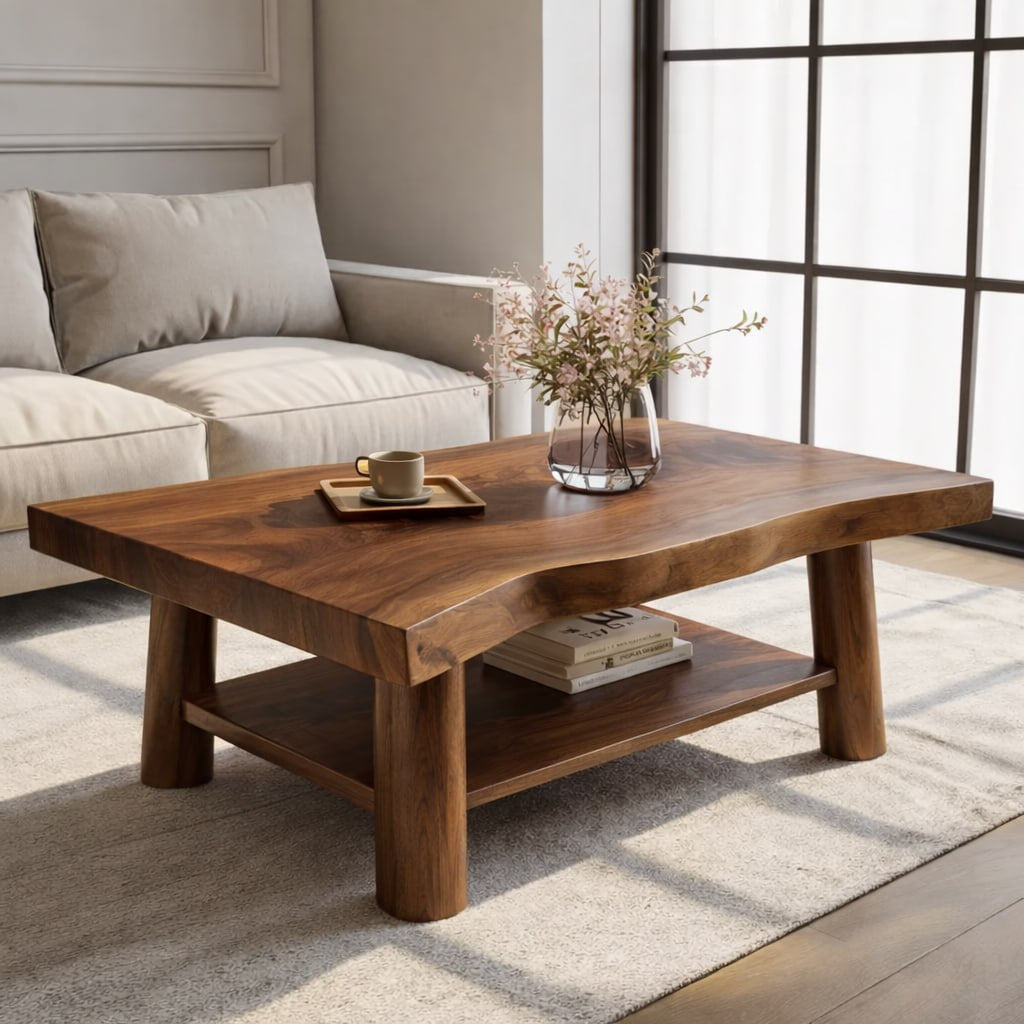 Solid Wood Coffee Table with Lower Shelf and Curved Edge Top Design - view 1 of 9