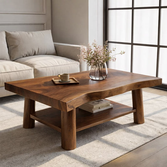 Solid Wood Coffee Table with Lower Shelf and Curved Edge Top Design - view 1 of 9