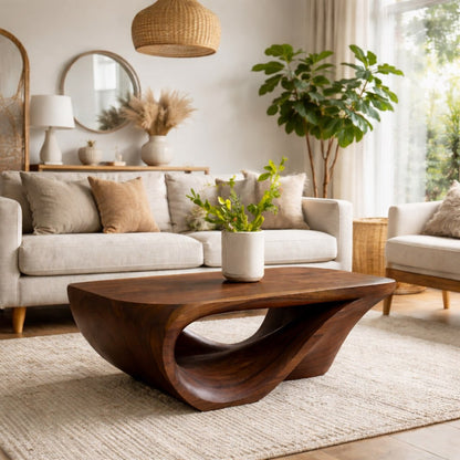 Solid Wood Coffee Table with Sculptural Organic Base and Hand-Carved Curved Design - view 3 of 9
