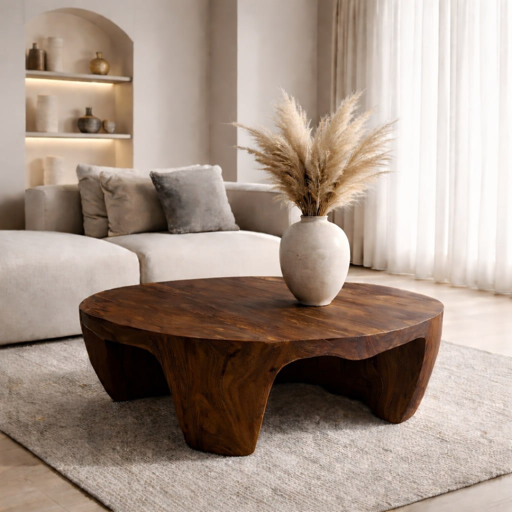 Solid Wood Round Coffee Table with Sculptural Base and Organic Carved Design - view 3 of 9