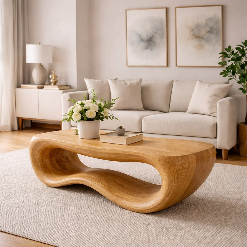 Solid Wood Coffee Table with Sculptural Wave Base and Organic Hand-Carved Design - view 4 of 9