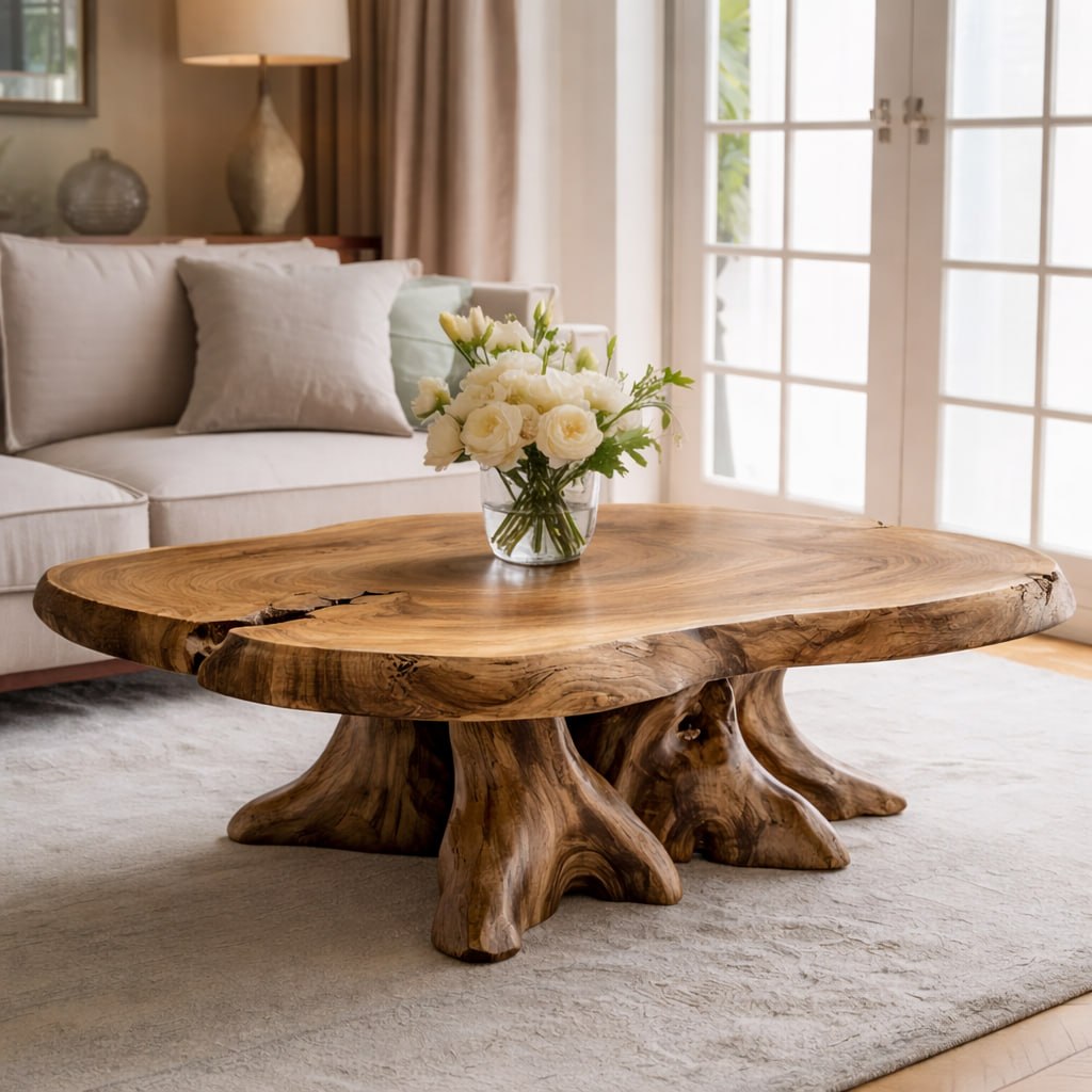 Solid Wood Live Edge Coffee Table with Tree Root Base and Natural Rustic Design - view 4 of 9