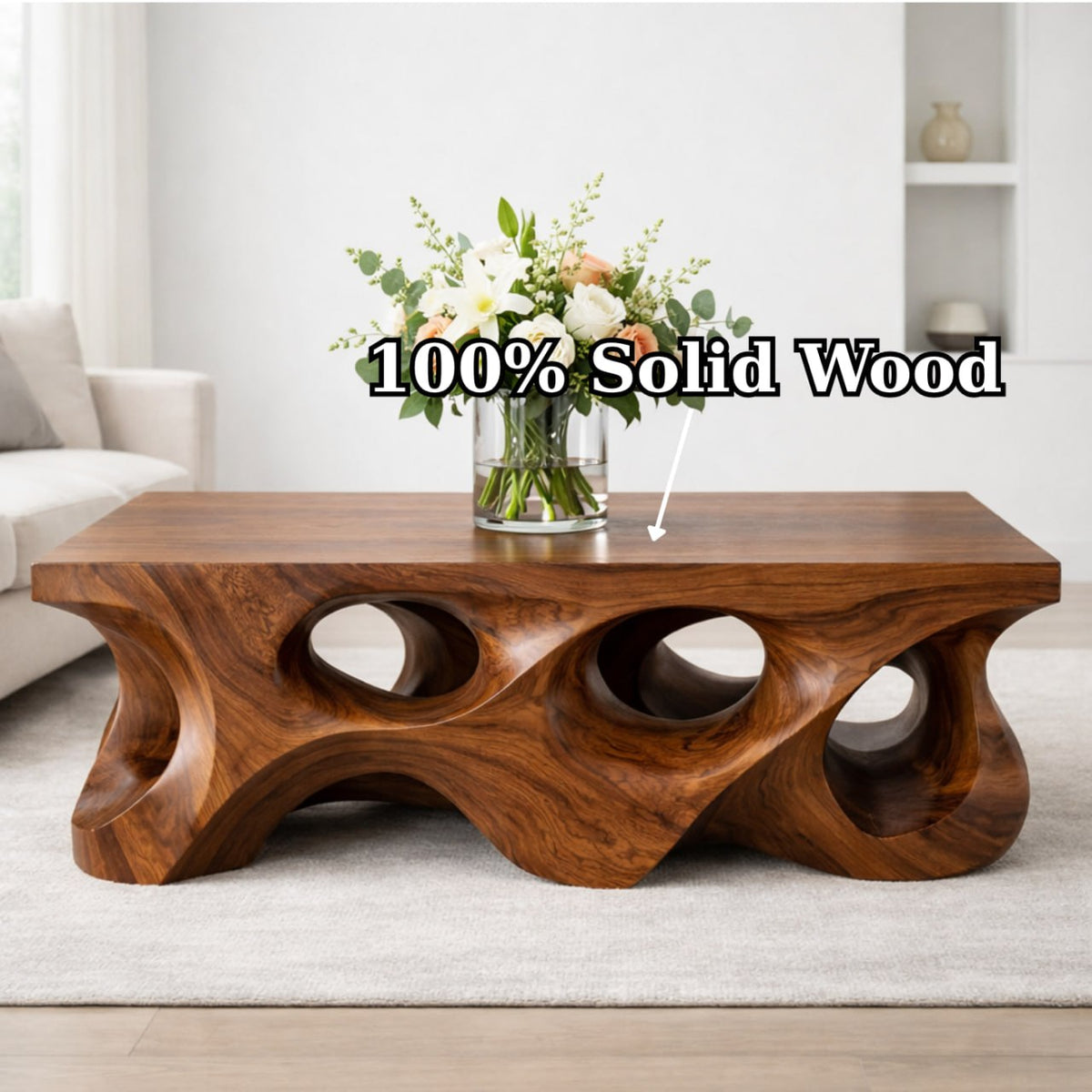 Solid Wood Coffee Table with Sculptural Hollow Base and Organic Carved Design - view 6 of 9