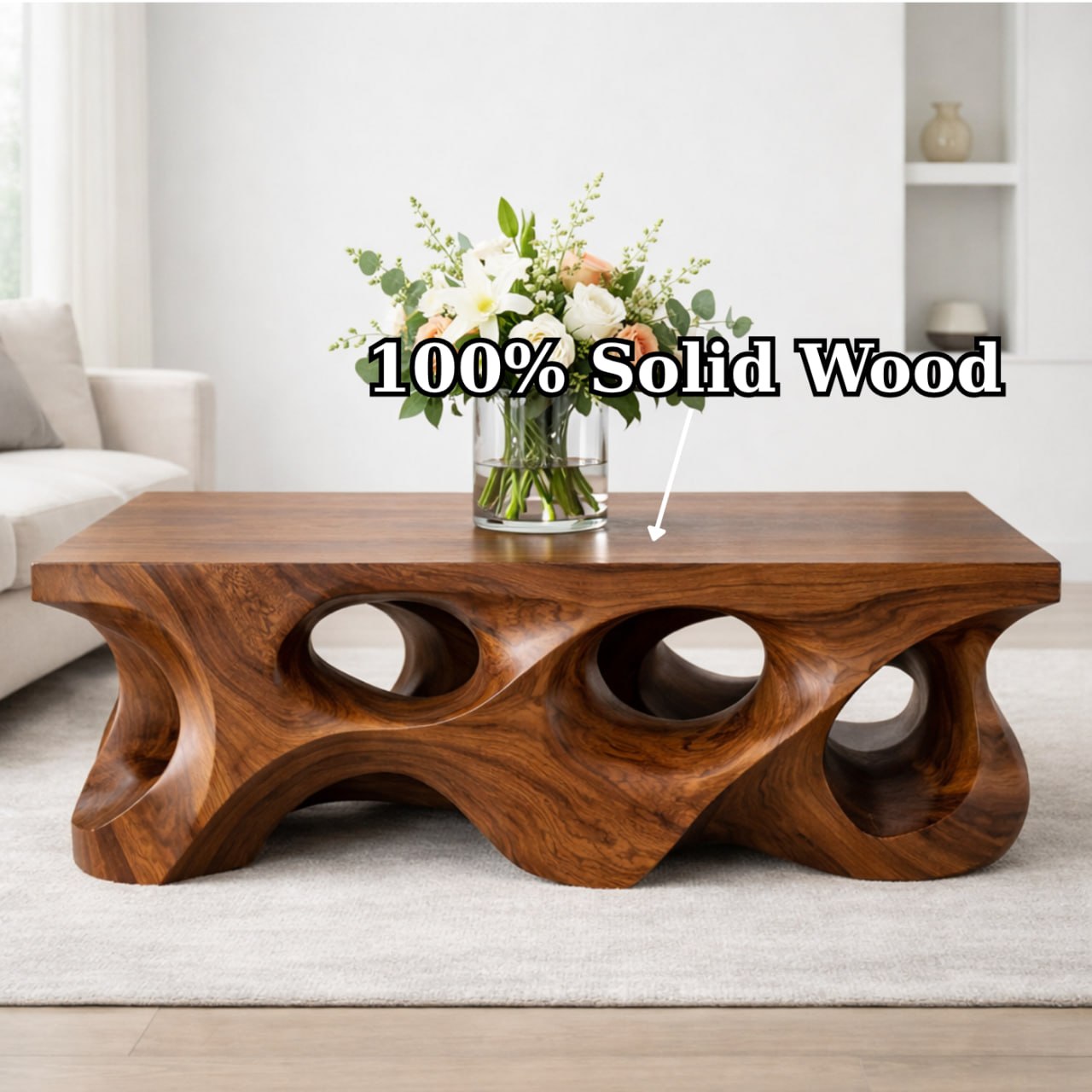 Solid Wood Coffee Table with Sculptural Hollow Base and Organic Carved Design - view 6 of 9