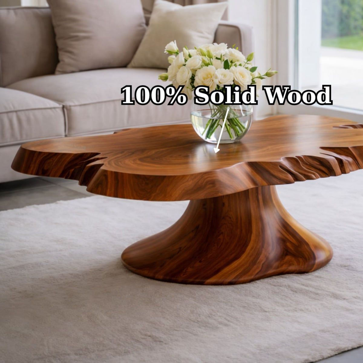 Solid Wood Live Edge Coffee Table with Sculptural Pedestal Base and Organic Form - view 6 of 9
