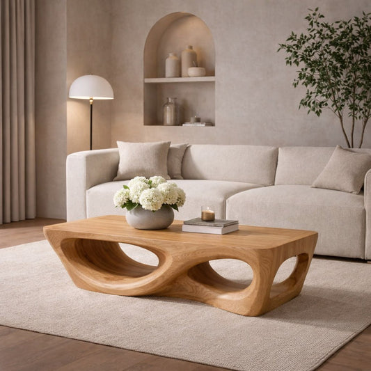 Solid Wood Coffee Table with Sculptural Hollow Base and Organic Curved Design - view 1 of 9