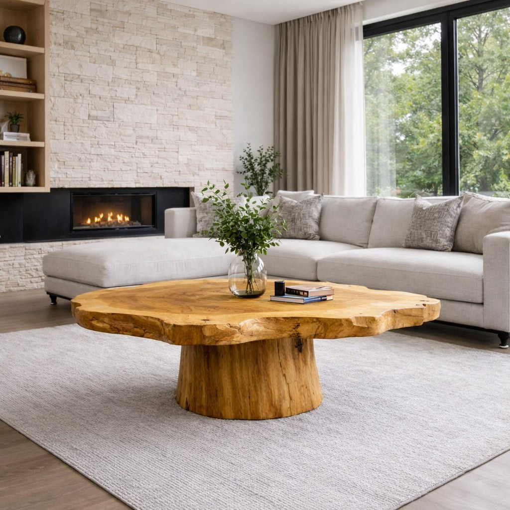 Solid Wood Live Edge Coffee Table with Round Pedestal Base and Natural Grain - view 4 of 9