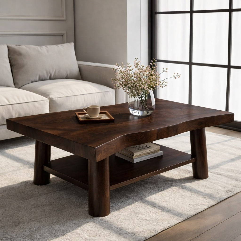 Solid Wood Coffee Table with Lower Shelf and Curved Edge Top Design - view 4 of 9