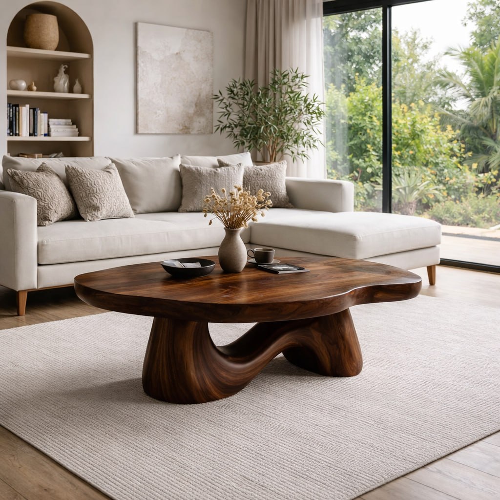 Solid Wood Coffee Table with Sculptural Wave Base and Organic Curved Design - view 5 of 9