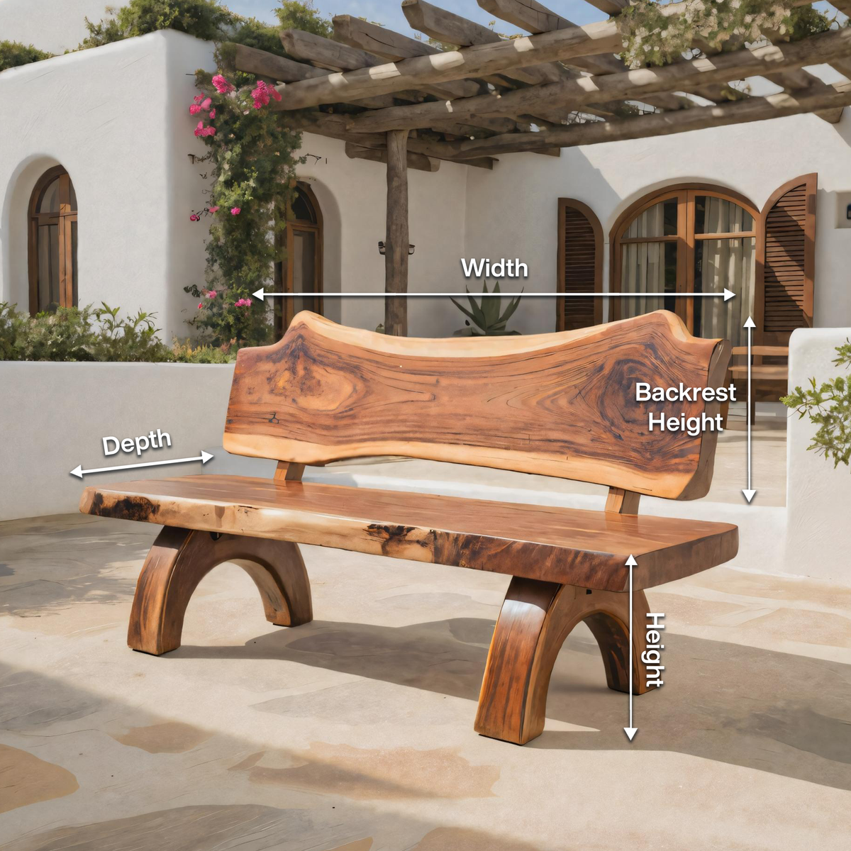 Rustic Live Edge Bench With Backrest For Patio Garden Courtyard - view 8 of 8