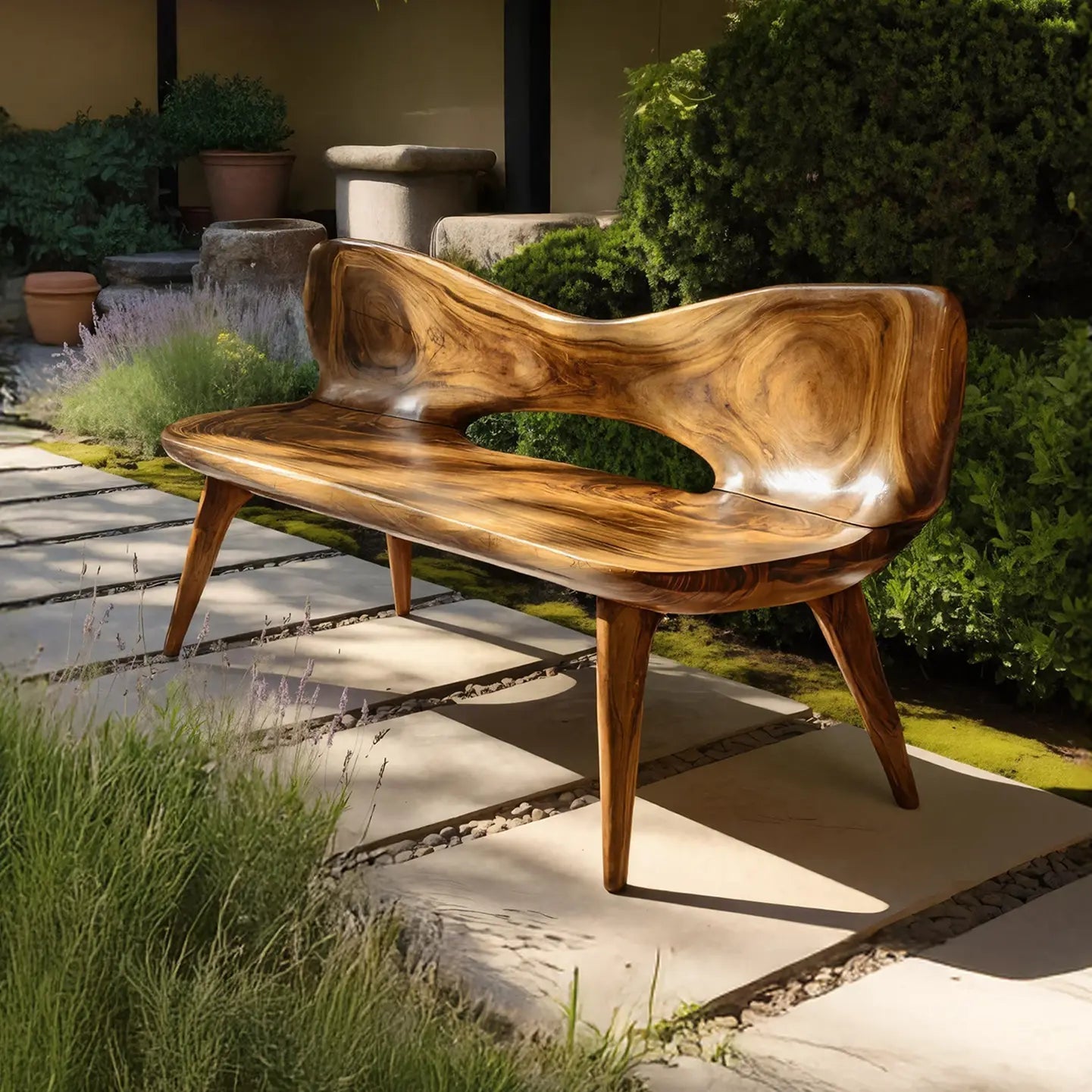 Mid Century Artistic Wooden Bench For Patio Setup - view 1 of 7