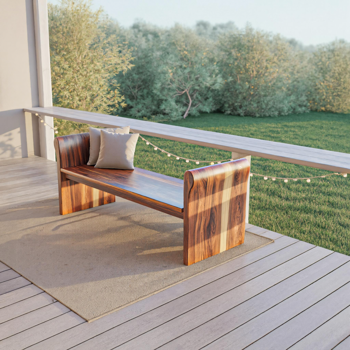 Contemporary Wood Bench With Rounded Armrests For Porch Or Garden - view 1 of 8