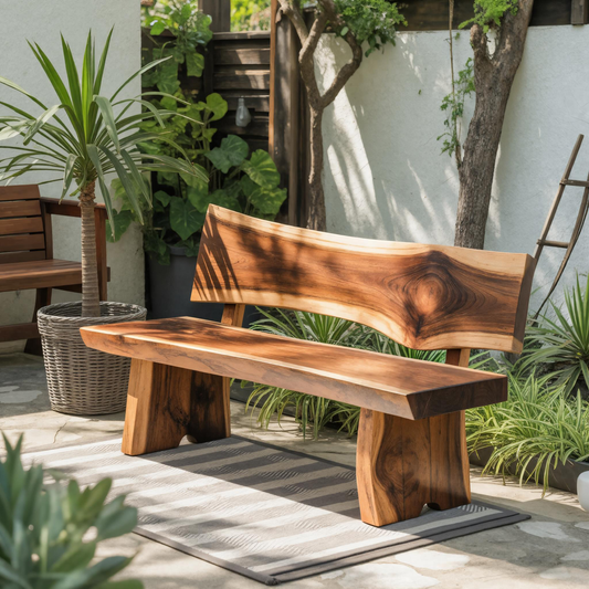 Contemporary Outdoor Wood Bench With Sculpted Back For Patio Or Courtyard - view 1 of 8