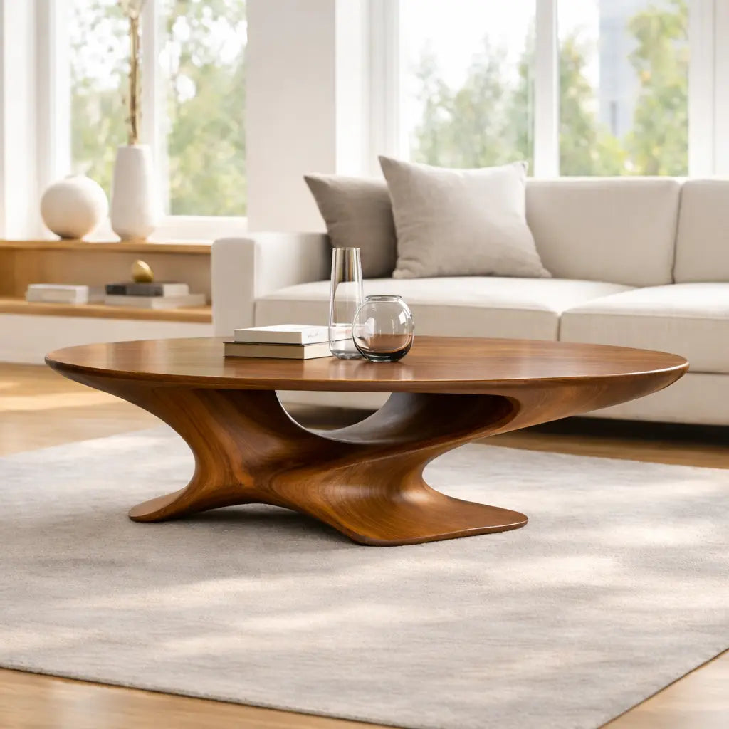 Modern Solid Wood Coffee Table with Sculptural Base and Round Wooden Living Room Table - view 1 of 9