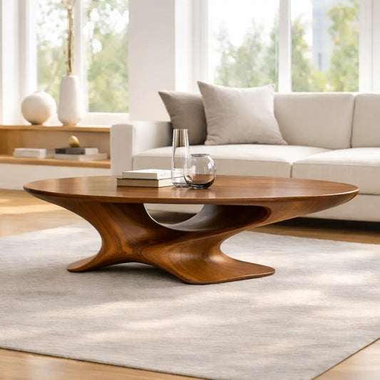 Modern Solid Wood Coffee Table with Sculptural Base and Round Wooden Living Room Table - view 1 of 9