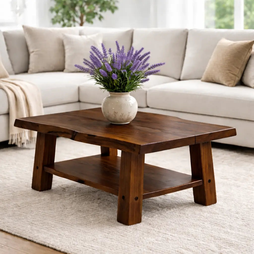 Solid Wood Coffee Table with Storage Shelf Rustic Wooden Living Room Table - view 4 of 9
