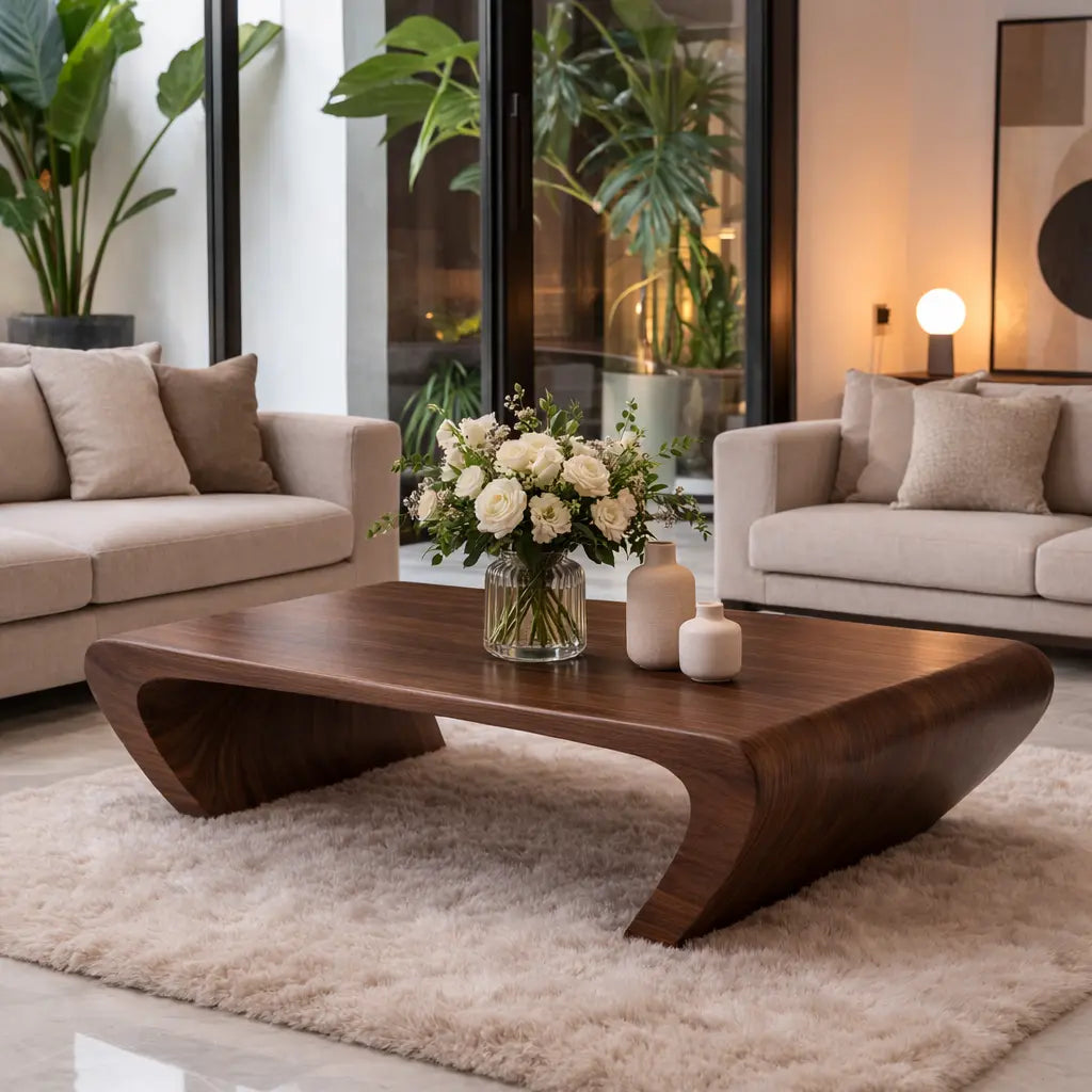 Modern Solid Wood Coffee Table with Sculptural Curved Base Minimalist Living Room Table - view 4 of 9