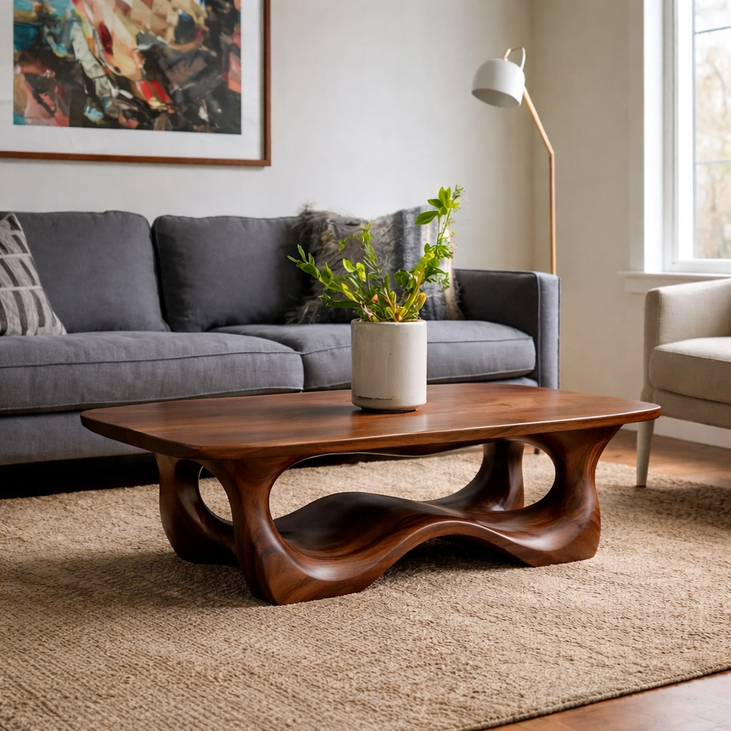 Solid Wood Coffee Table with Sculptural Base and Organic Curved Design - view 5 of 9