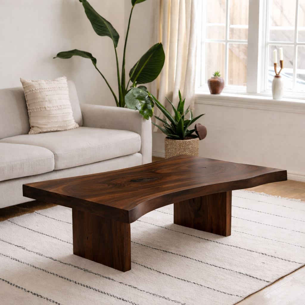 Solid Wood Coffee Table with Live Edge Top and Minimal Block Legs - view 4 of 9