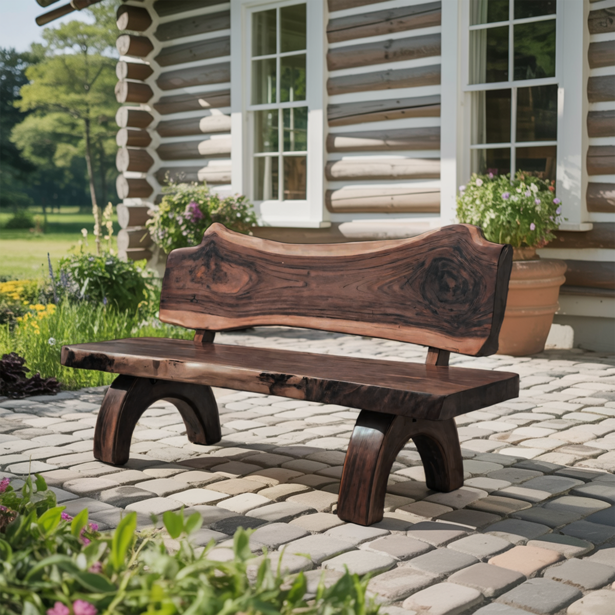 Rustic Live Edge Bench With Backrest For Patio Garden Courtyard - view 7 of 8