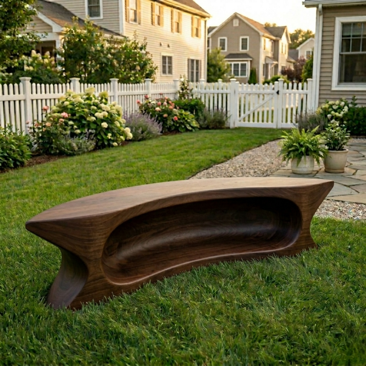 Solid Wood Outdoor Bench with Sculpted Hollow Base and Organic Curved Silhouette - view 4 of 8