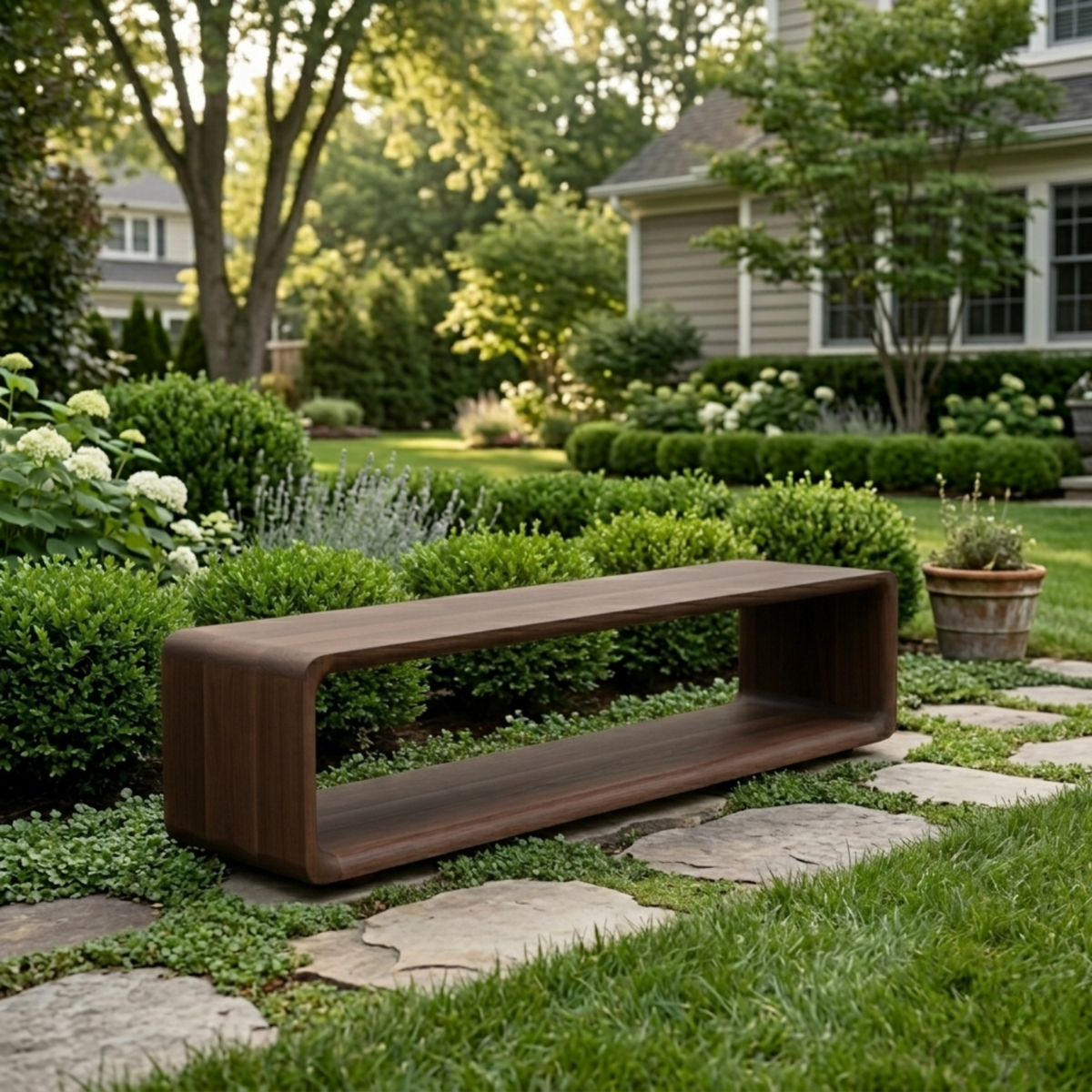Solid Wood Outdoor Bench with Open Shelf Base and Rounded Waterfall Frame - view 4 of 8