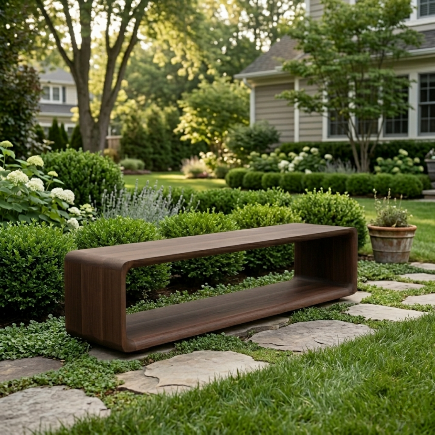 Solid Wood Outdoor Bench with Open Shelf Base and Rounded Waterfall Frame - view 4 of 8