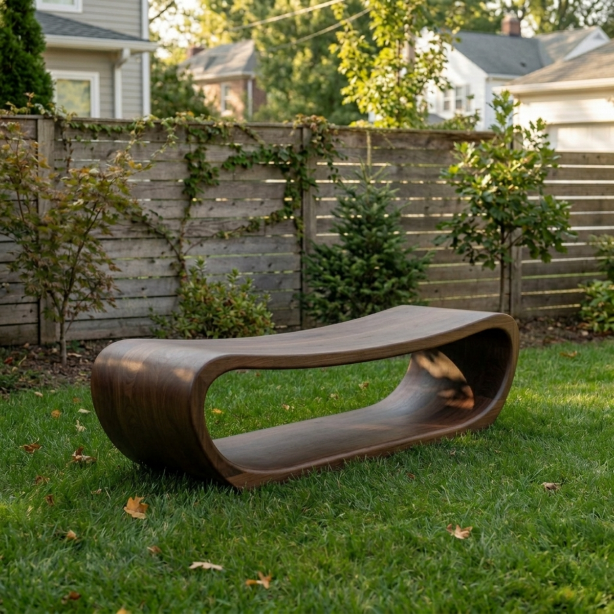 Solid Wood Outdoor Bench Curved Hollow Design with Sculptural Loop Base - view 3 of 8