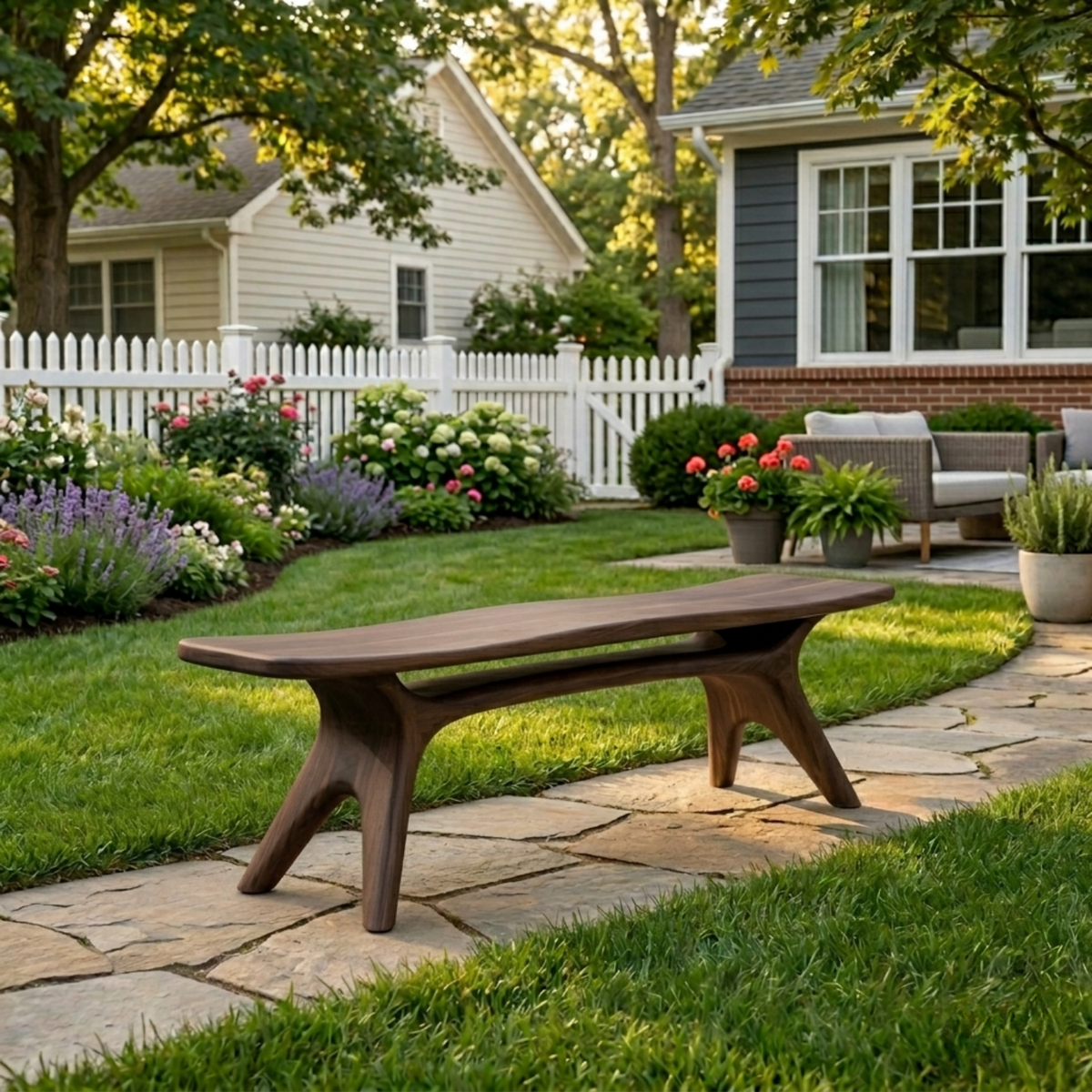 Solid Wood Outdoor Bench with Sculptural Tapered Legs and Floating Seat Design - view 3 of 8