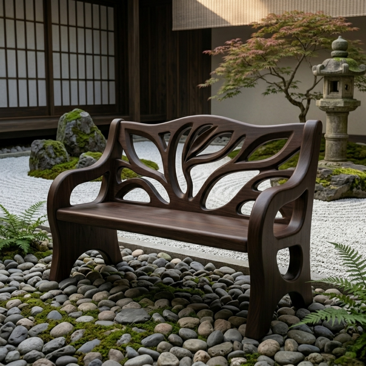 Solid Wood Outdoor Bench with Tree-Inspired Carved Backrest Garden Patio Seating - view 2 of 7