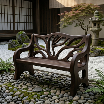 Solid Wood Outdoor Bench with Tree-Inspired Carved Backrest Garden Patio Seating - view 2 of 7
