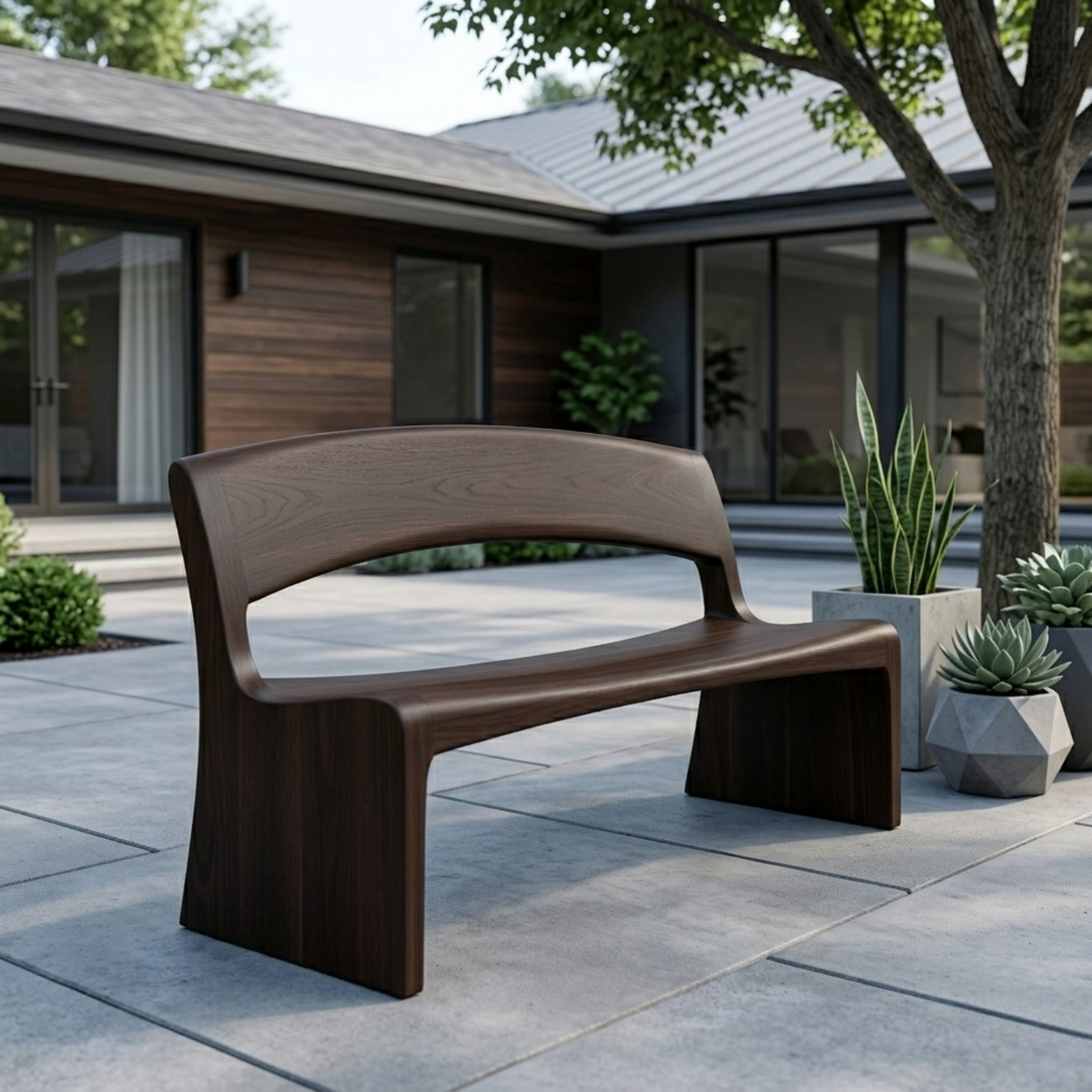 Solid Wood Outdoor Bench with Open Back Curve Modern Patio Garden Seating - view 3 of 7