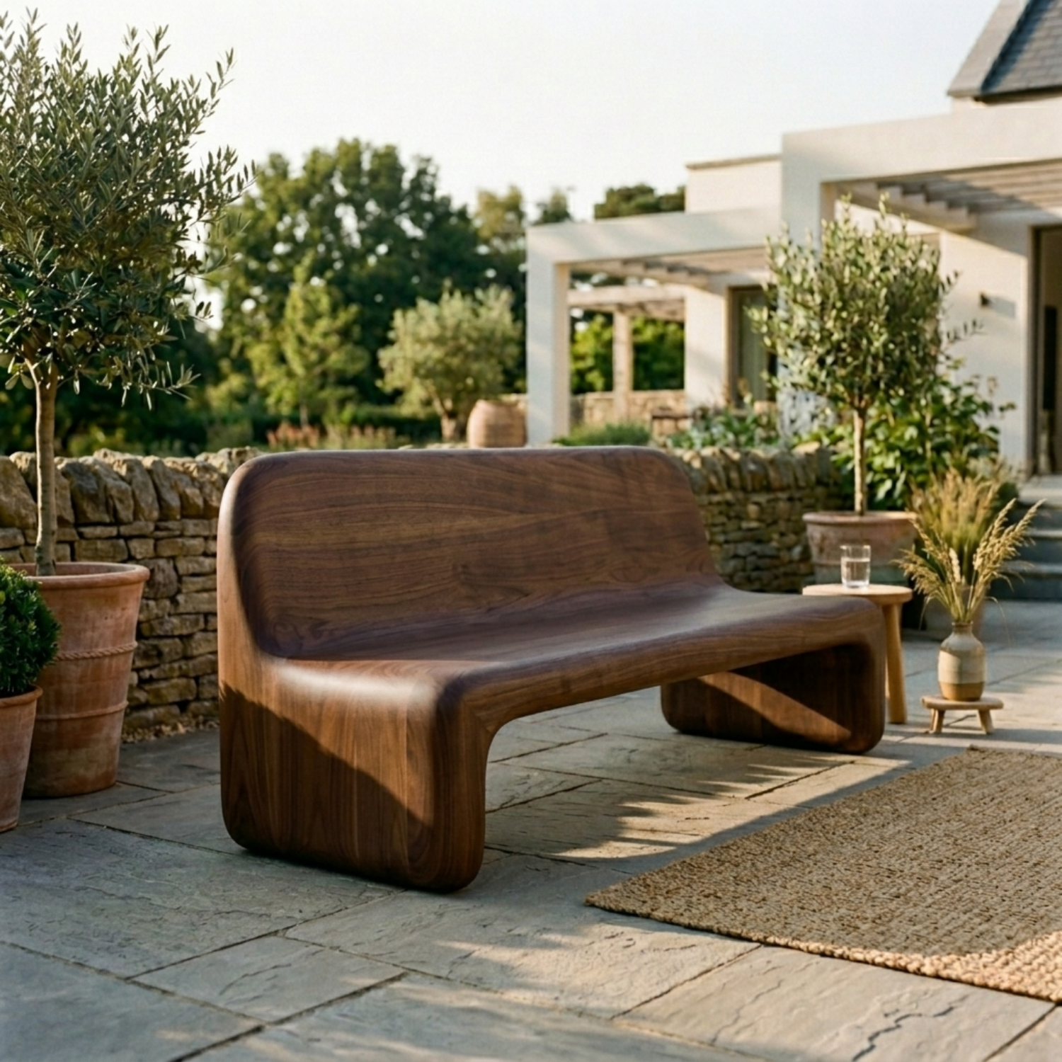 Handcrafted Solid Wood Outdoor Sofa – Sculptural Curved Patio Bench Seat - view 1 of 7