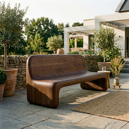 Handcrafted Solid Wood Outdoor Sofa – Sculptural Curved Patio Bench Seat - view 1 of 7