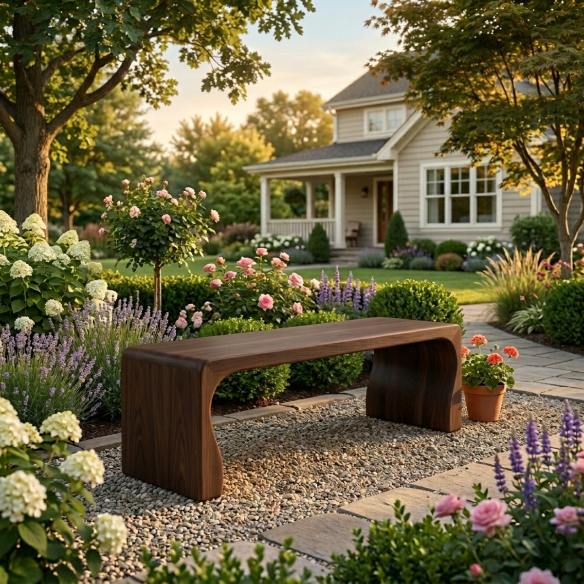 Solid Wood Outdoor Bench with Curved Waterfall Frame and Soft Rounded Edges - view 2 of 7